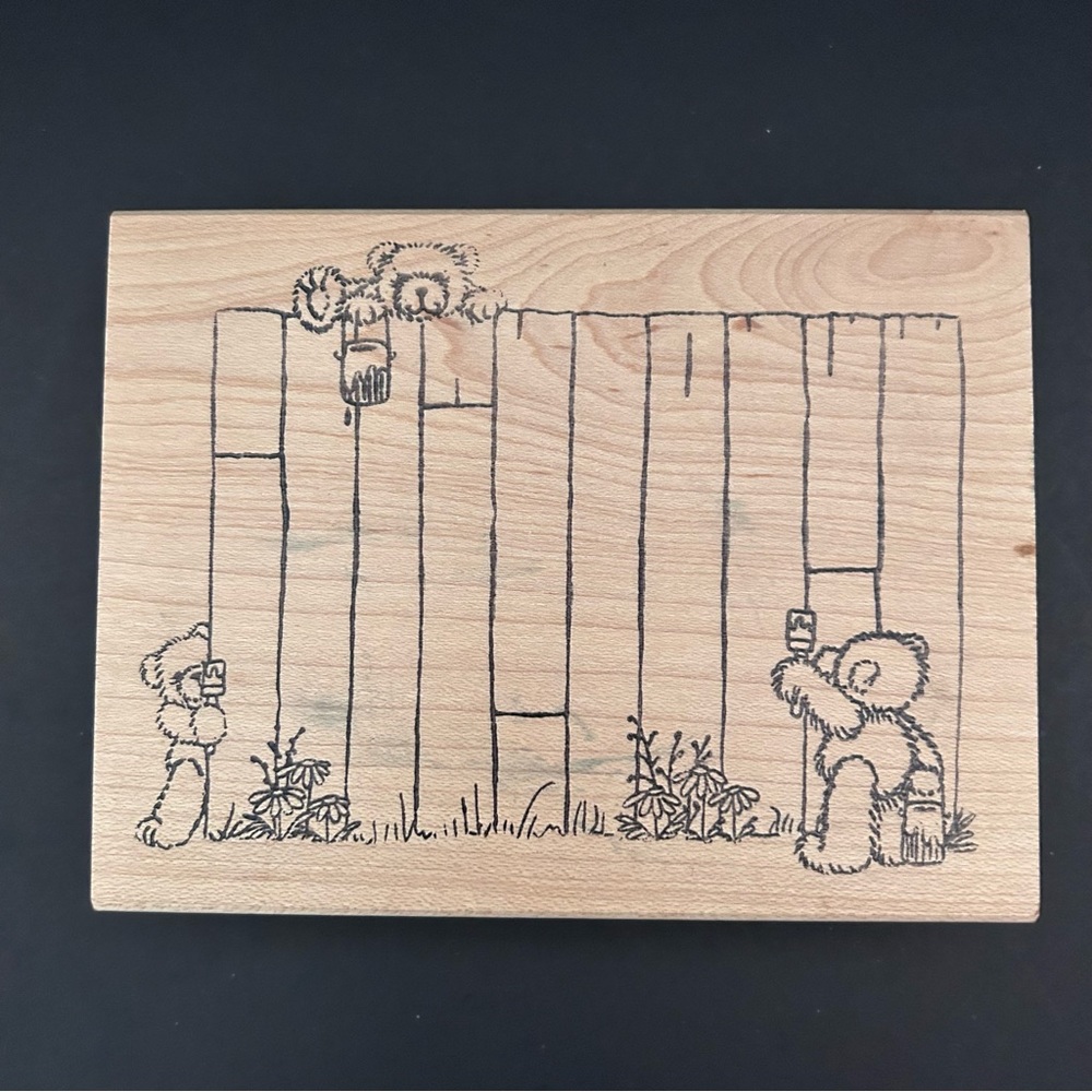 Judikins Rubber Stamp Wood Mount Bears Painting Fence